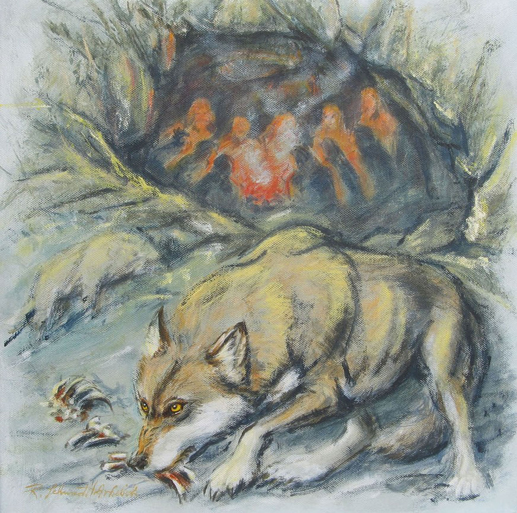 Der Wolf naehert sich dem Menschen